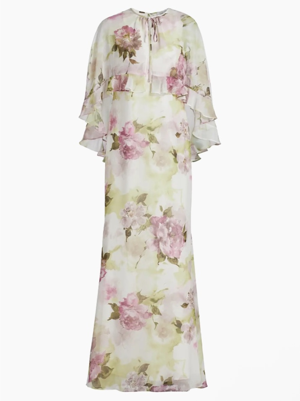 Teri Jon by Rickie Freeman Floral Chiffon Ruffle Capelet Gown Cream Green Pink - Picture 6 of 14